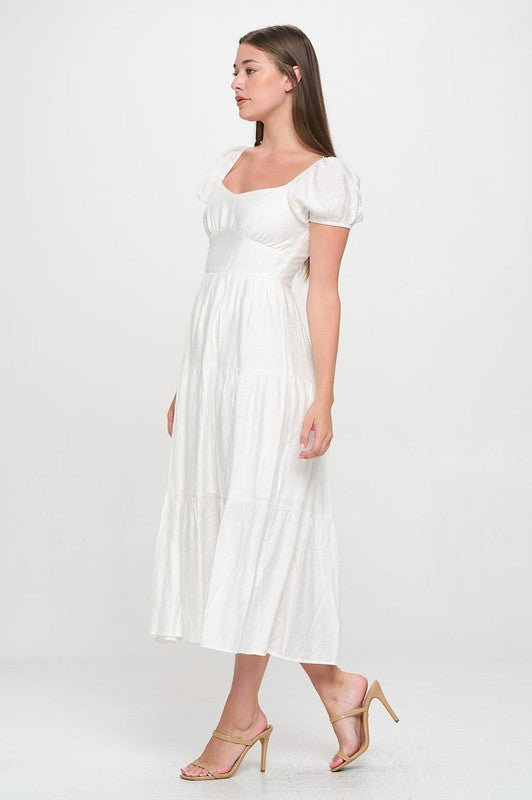 RUFFLE PUFF SLEEVE MIDI DRESS