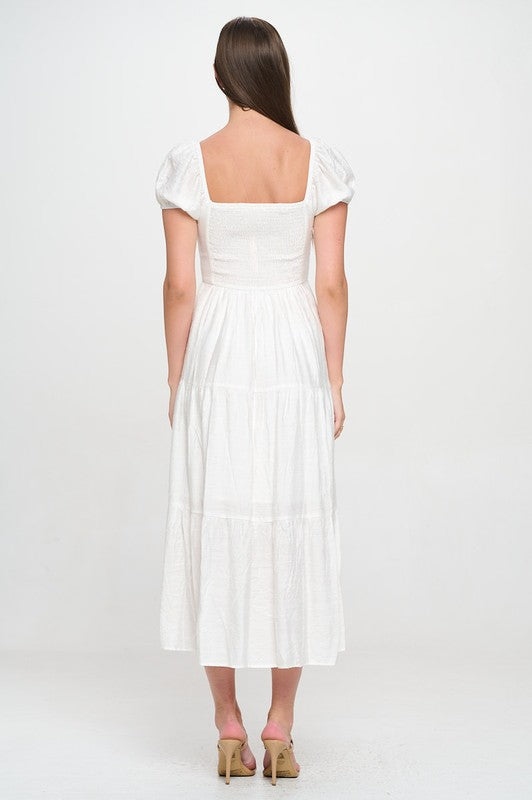 RUFFLE PUFF SLEEVE MIDI DRESS