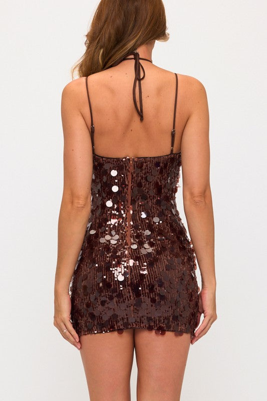 COIN SEQUIN HALTER MINI DRESS