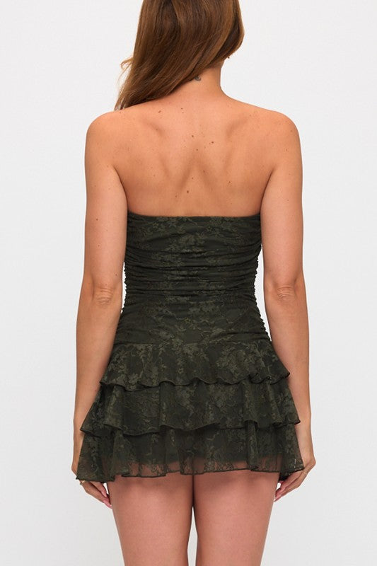 LACE STRAPLESS RUFFLE MINI DRESS