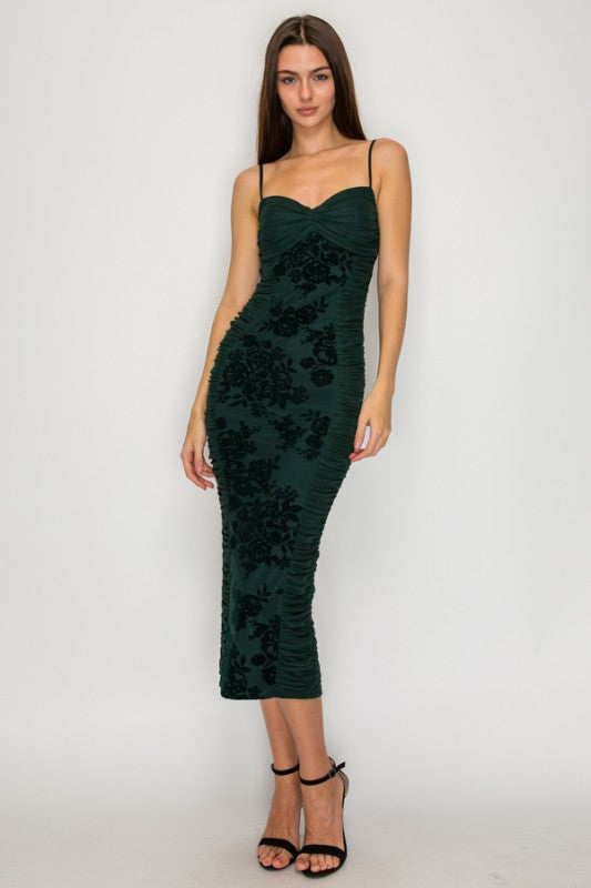 LACE FLORAL BODYCON MIDI DRESS