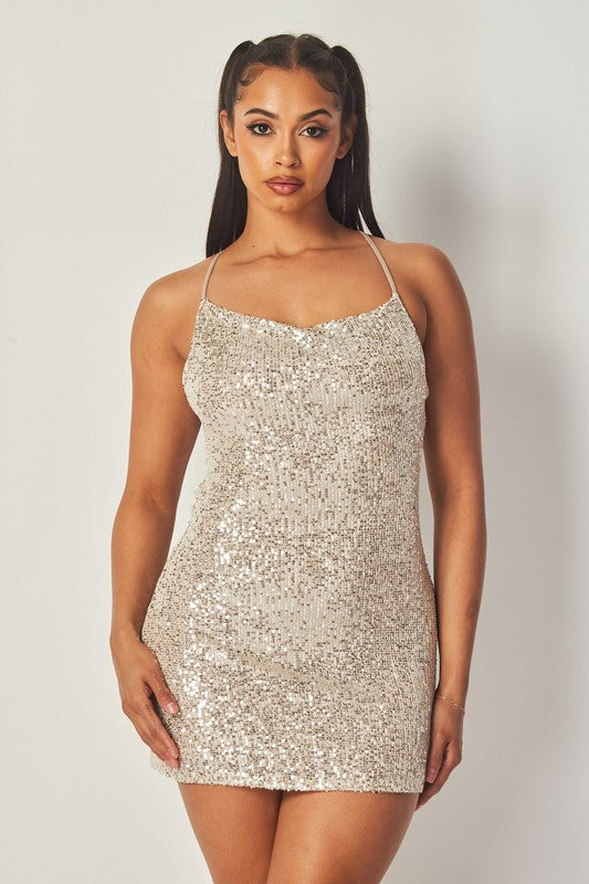 SEQUINS LACE UP BACK MINI DRESS