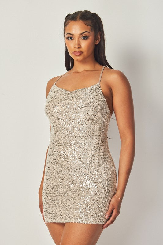 SEQUINS LACE UP BACK MINI DRESS