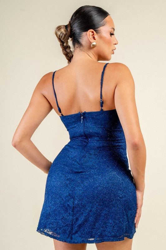 GLITTERED LACE WITH TRIM LACE MINI DRESS