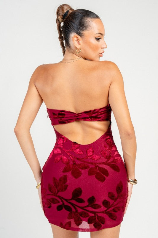 FLORAL STRAPLESS TWIST BACK MINI DRESS