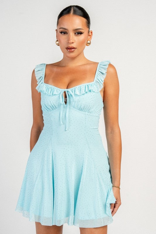 RHINESTONE RUFFLE MINI DRESS