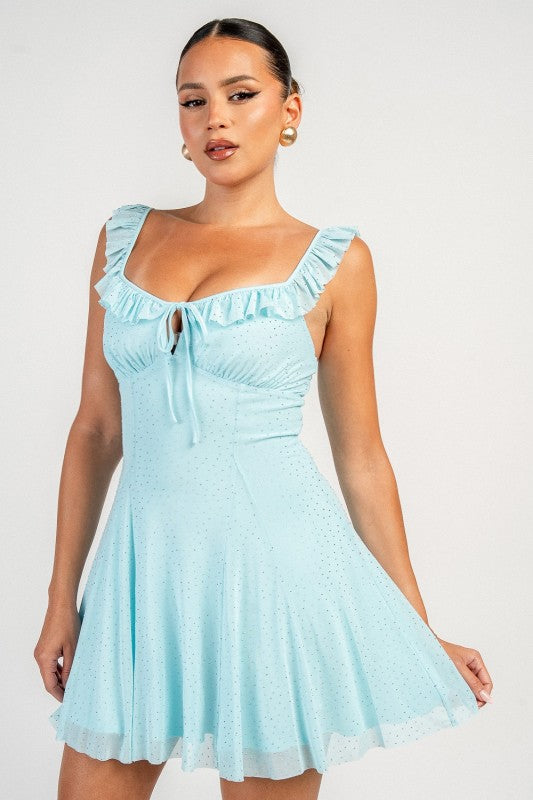 RHINESTONE RUFFLE MINI DRESS