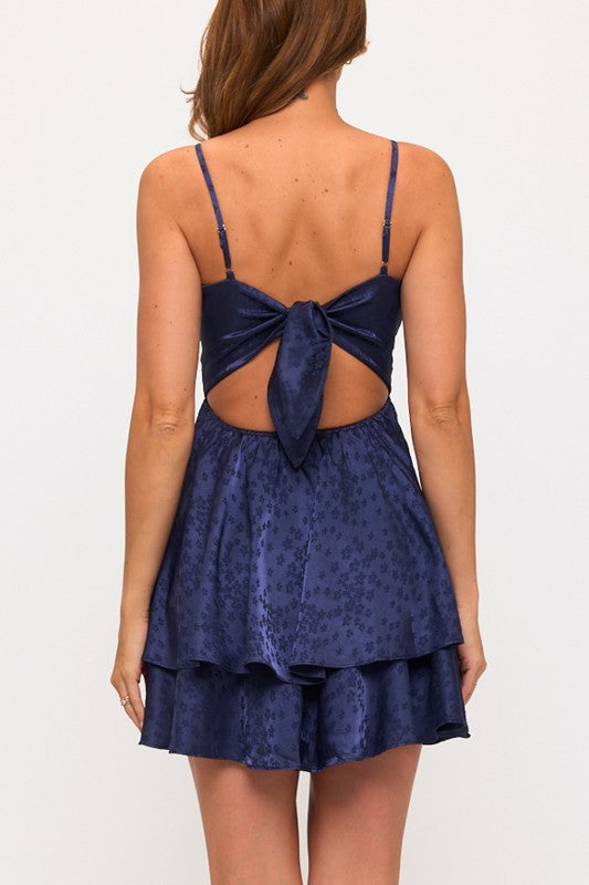 FLORAL TEXTURE TIE BACK FIT AND FLARE MINI DRESS
