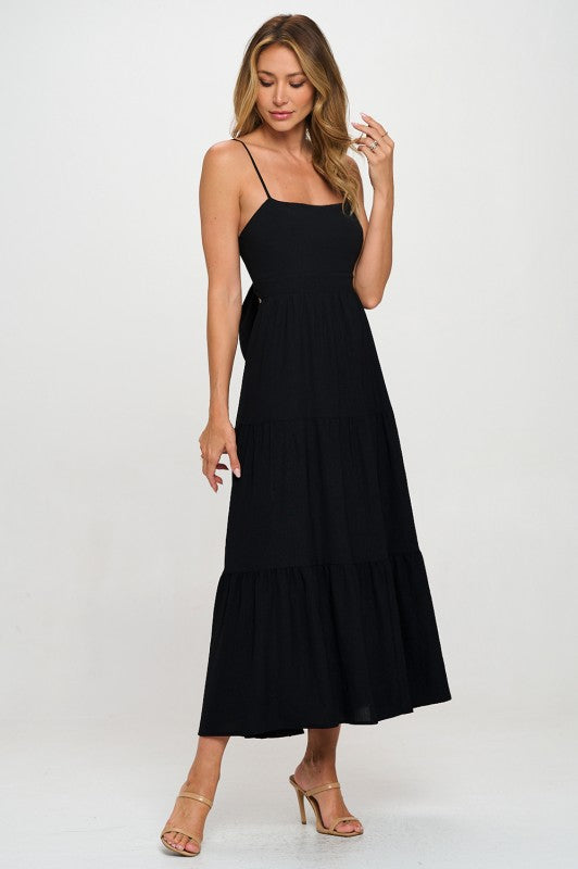 TIERED TIE BACK MIDI DRESS