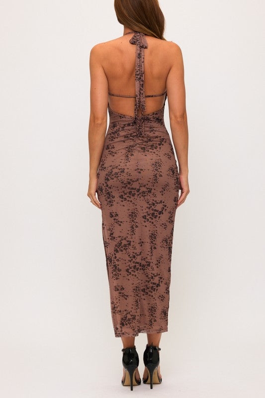 LEOPARD LACE HALTER MIDI DRESS