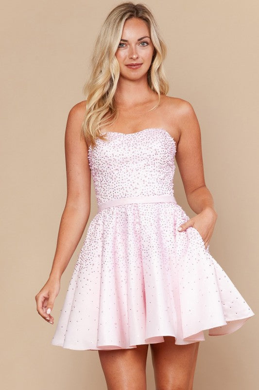 BEADED STRAPLESS FIT AND FLARE MINI DRESS