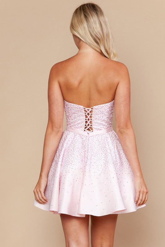 BEADED STRAPLESS FIT AND FLARE MINI DRESS