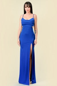 SATIN COWL NECK SLIP ON MERMAID MAXI GOWN
