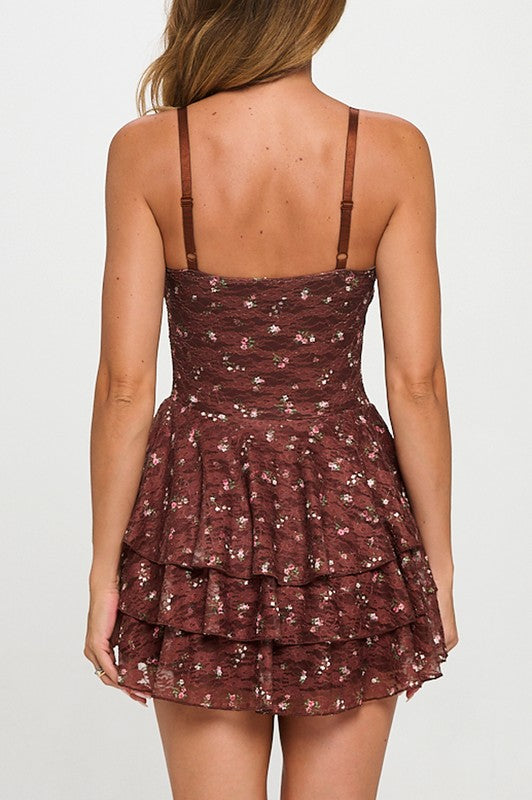 FLORAL LACE KNOT TRIPLE-LAYER MINI DRESS