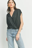 Blk Short Sleeves Surplice Front Knit Top