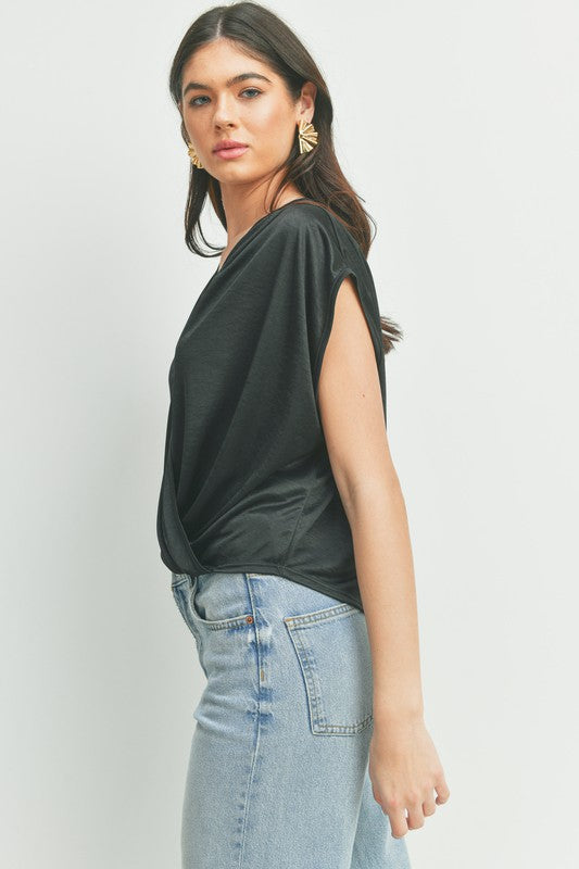 Blk Short Sleeves Surplice Front Knit Top