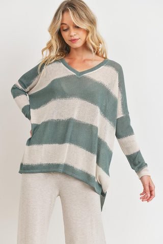Long Sleeves V Neck Wide Stripe Tunic Top