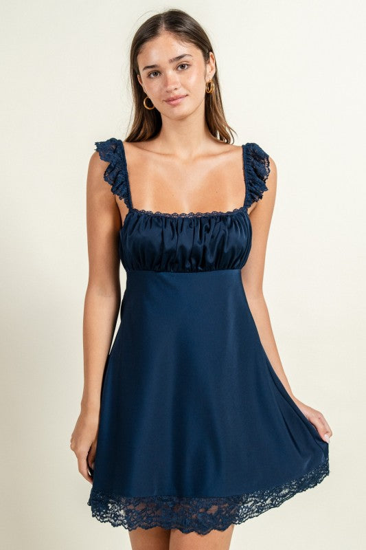 SATIN SHORT DRESS WITH LACE TRIMS