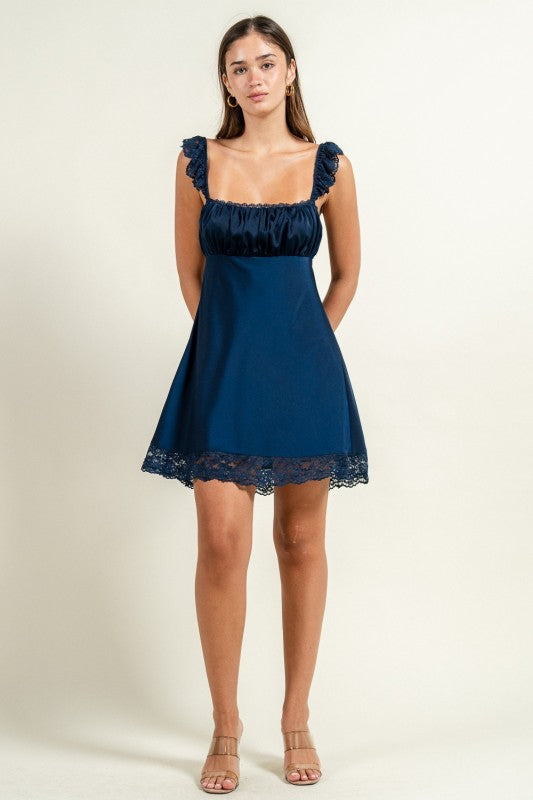 SATIN SHORT DRESS WITH LACE TRIMS