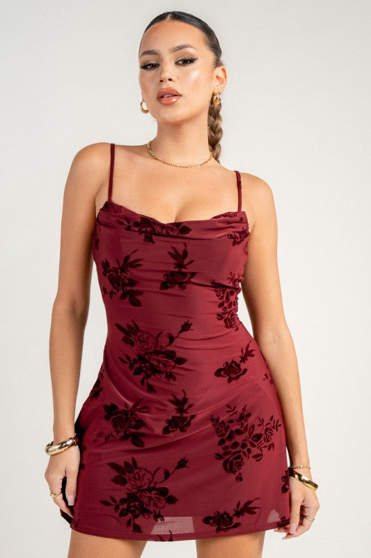 COWL NECK SPGT STRAP FLARE MINI DRESS