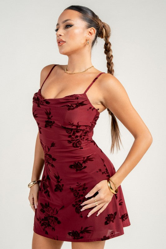 COWL NECK SPGT STRAP FLARE MINI DRESS