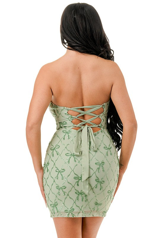 TIFFANY SEQUIN STRAPLESS CROSSED BACK MINI DRESS