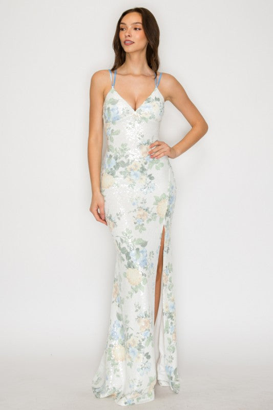 FLORAL SEQUIN OPEN BACK MAXI GOWN