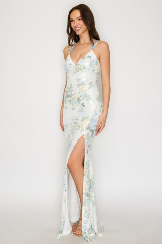 FLORAL SEQUIN OPEN BACK MAXI GOWN