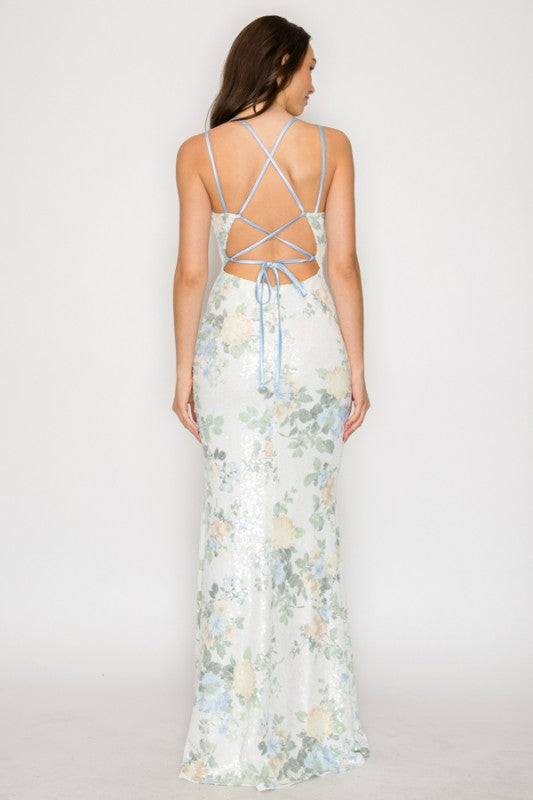 BLUE FLORAL OPEN BACK BODYCON MAXI GOWN M