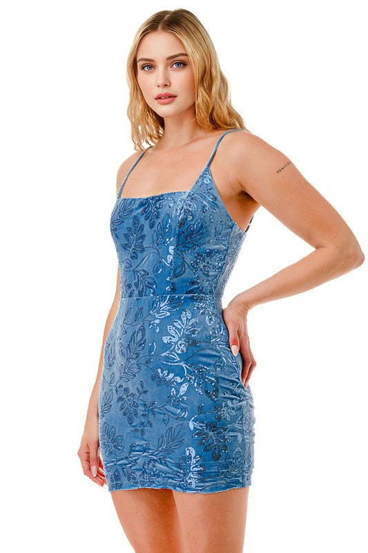 VELVET SEQUIN BODYCON MINI DRESS