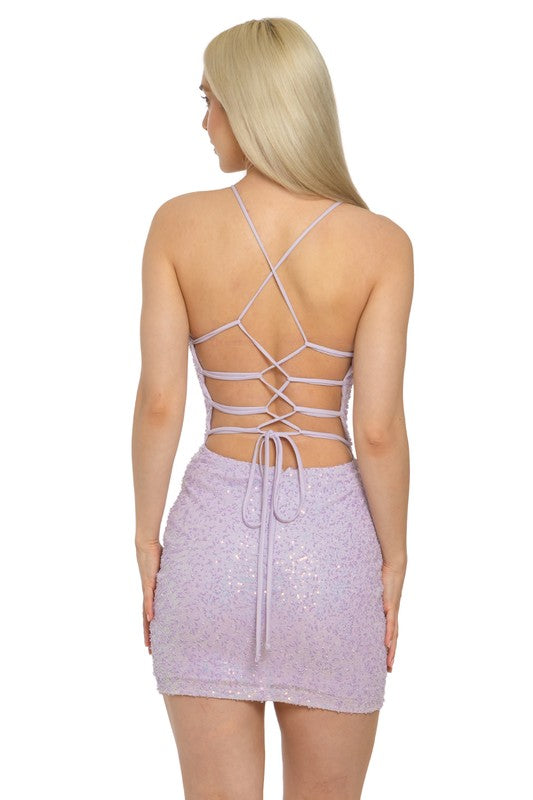 BEADED SEQUIN HALTER MINI DRESS