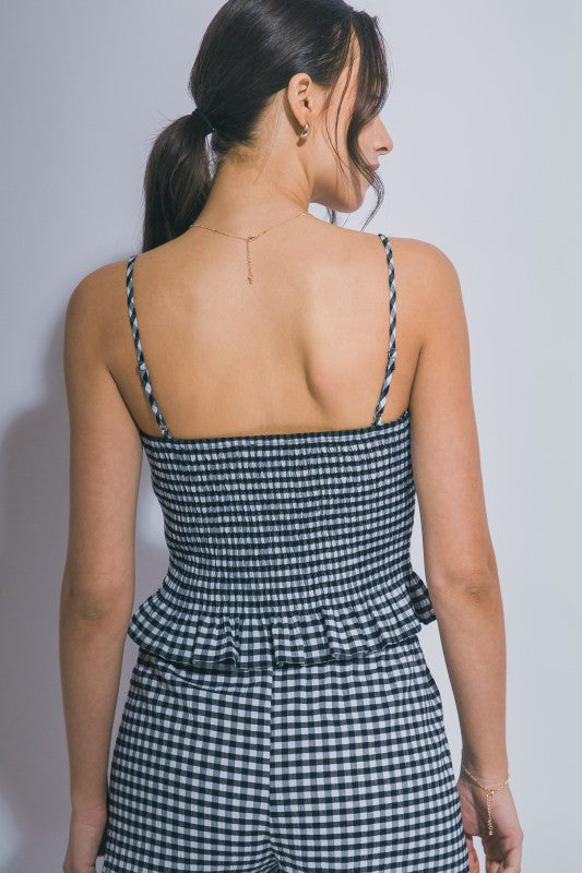 BLACK GIGHAM PEPLUM CROP TANK