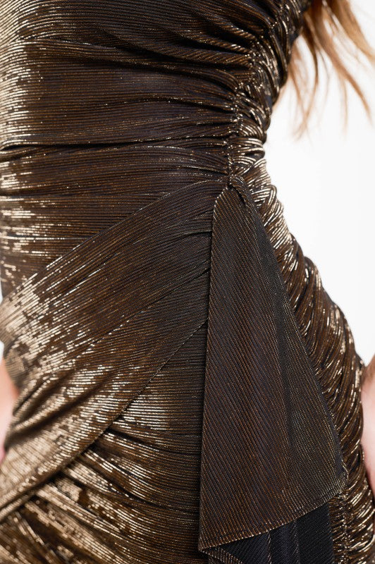 DRAPED AND RUCHED METALLIC STRAPLESS MINI DRESS