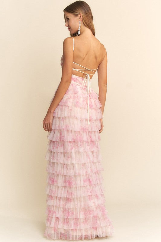 RUFFLE TIERED MESH MAXI DRESS M