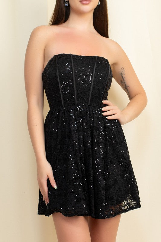 SEQUIN FIT AND FLARE MINI DRESS