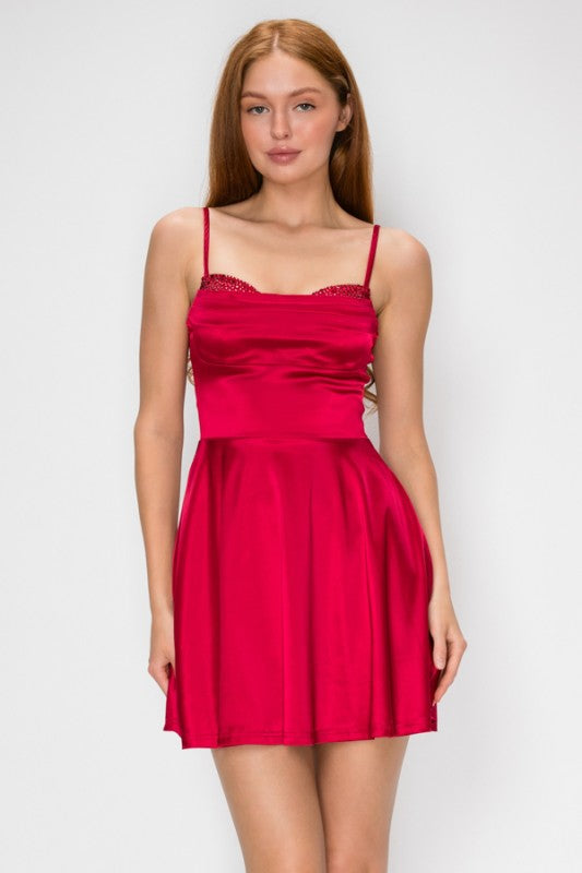 SATIN SEQUIN SKATER DRESS