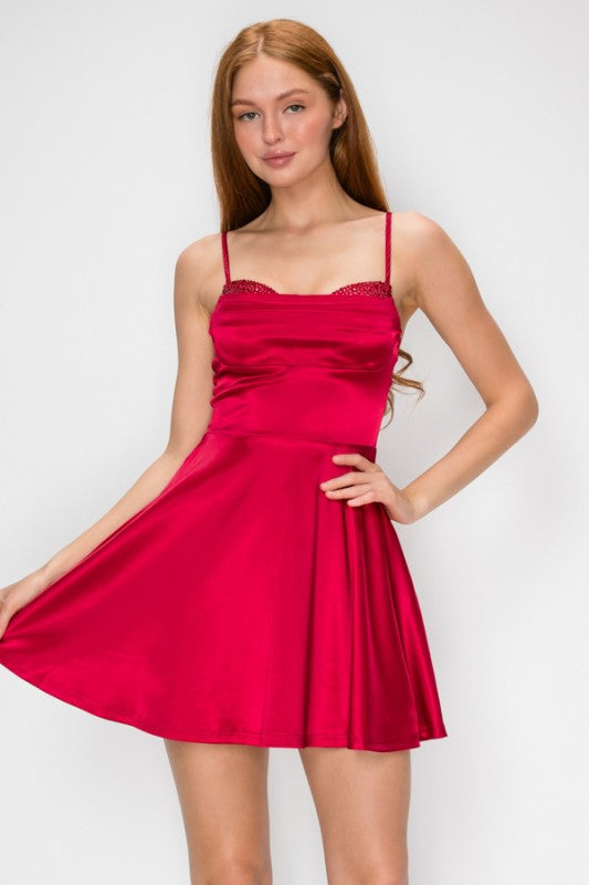 SATIN SEQUIN SKATER DRESS
