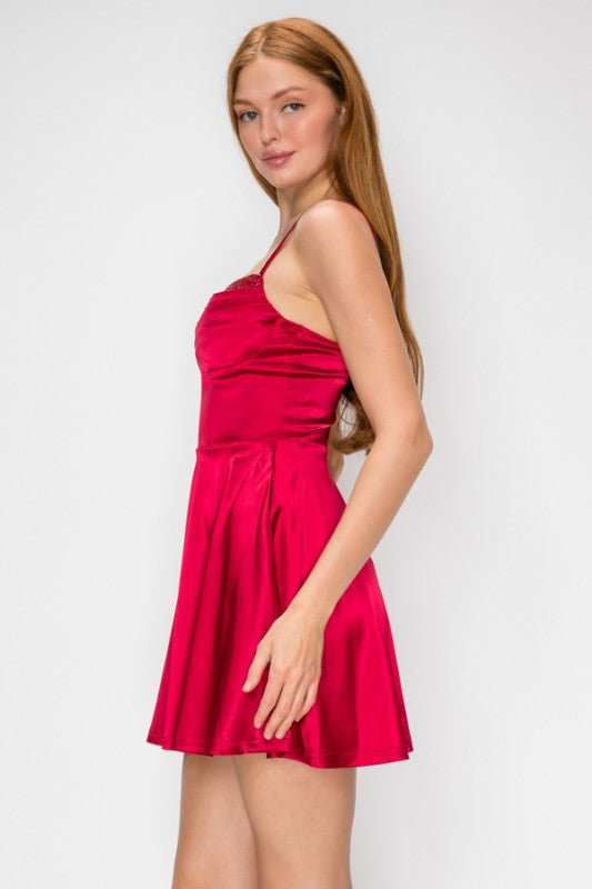 SATIN SEQUIN SKATER DRESS