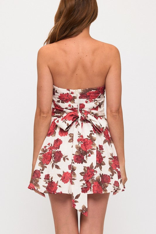 FLORAL PLEATED BOW STRAPLESS DRESS