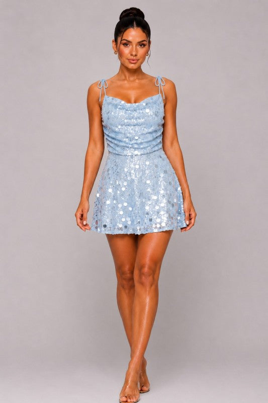 SEQUIN FIT AND FLARE MINI DRESS