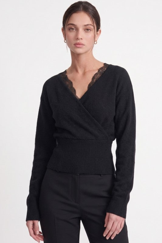 FAUX WRAP LACE TRIM SWEATER
