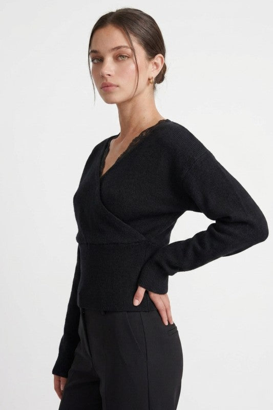 FAUX WRAP LACE TRIM SWEATER