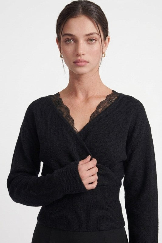 FAUX WRAP LACE TRIM SWEATER