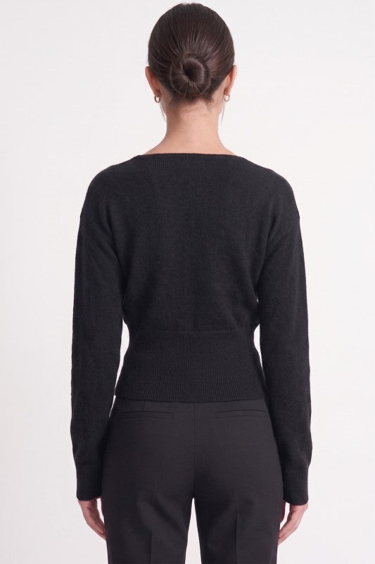 FAUX WRAP LACE TRIM SWEATER