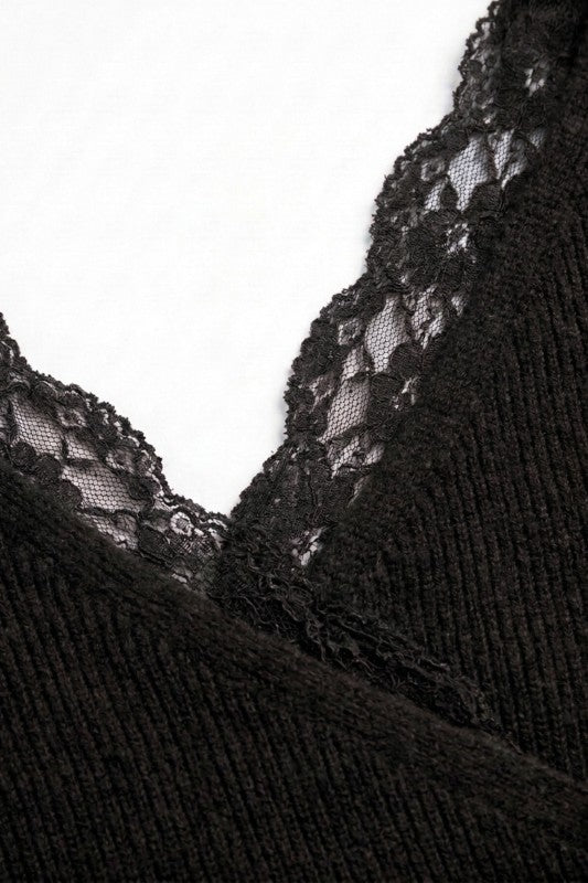 FAUX WRAP LACE TRIM SWEATER