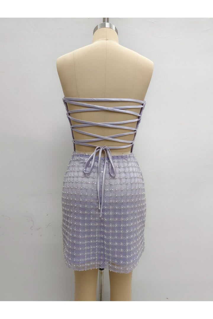 STRAPLESS BEADED LACE UP MINI DRESS