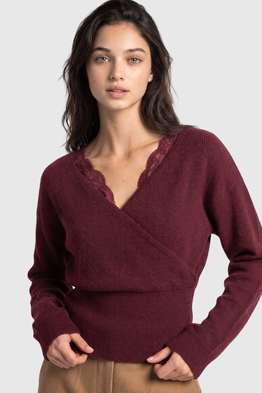 FAUX WRAP LACE TRIM SWEATER