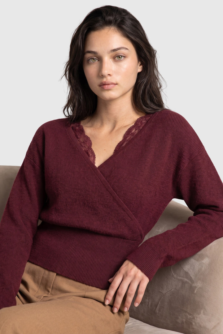 FAUX WRAP LACE TRIM SWEATER