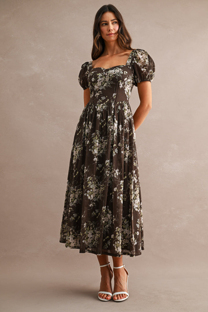 FLORAL PUFF SLEEVE MIDI DRESS