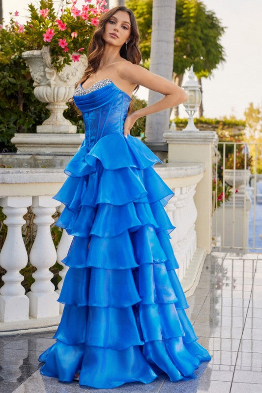 RUFFLE TIERED GOWN WITH SEQUIN CORSET